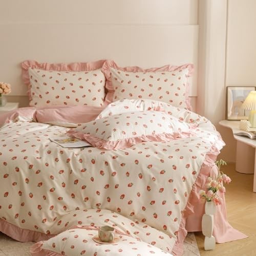 Sedefen Wendebettwäsche 220x240 cm Rosa Erdbeeren Mikrofaser ÖkoTex, Allergiker geeignet