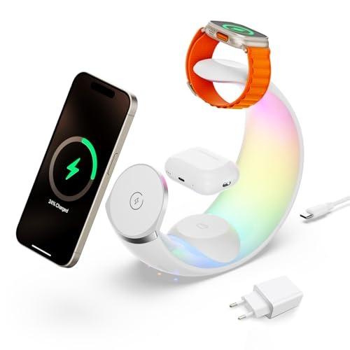 4 in 1 Ladestation für iPhone 16 15 14 13 12 11 9 8, Apple Watch, AirPods RGB