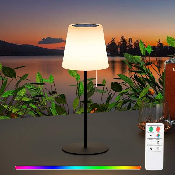 ggii solar tischlampe outdoor, kabellose 2in1 led lampe mit fernbedienung, ip44, schwarz