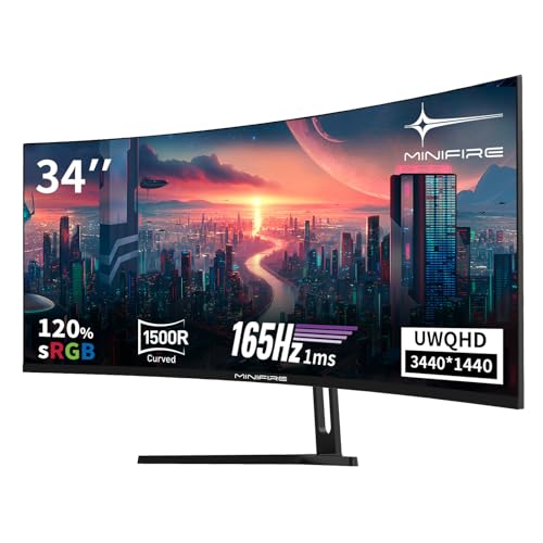 minifire 34" uwqhd curved gaming monitor 165hz 3440 x 1440 1500r 1ms freeSync