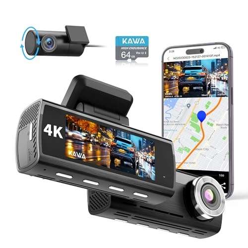 Produktbild: kawa dash cam 4k dual cam mit gps, wlan, 64gb sd-karte, nachtaufnahme, parküberwachung