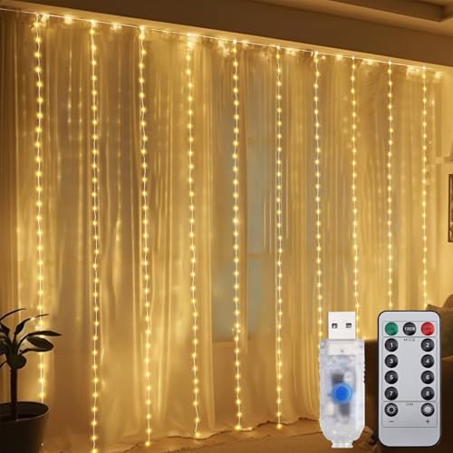 salcar 300 led lichtervorhang 3x3m innen mit timer, 8 modi, warmweiß, usb, wasserdicht