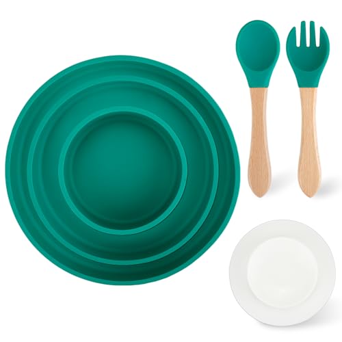 Mulaibdin kinderteller set 3 teilig, silikon teller mit saugnapf, breischüssel grün