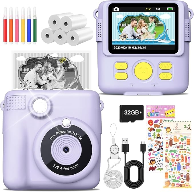 MILFECH Kinderkamera Sofortbildkamera 1080P 2,4 Zoll mit 5 Rollen Druckpapier, 32GB Karte, 6 Stiften, 2 Aufkleber Lila
