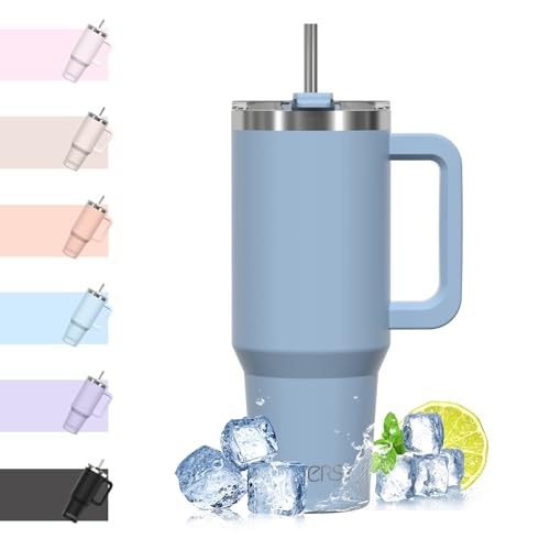 Produktbild: watersy thermobecher 1,13 liter edelstahl doppelwandig auslaufsicher mit griff und strohhalm, smog blau