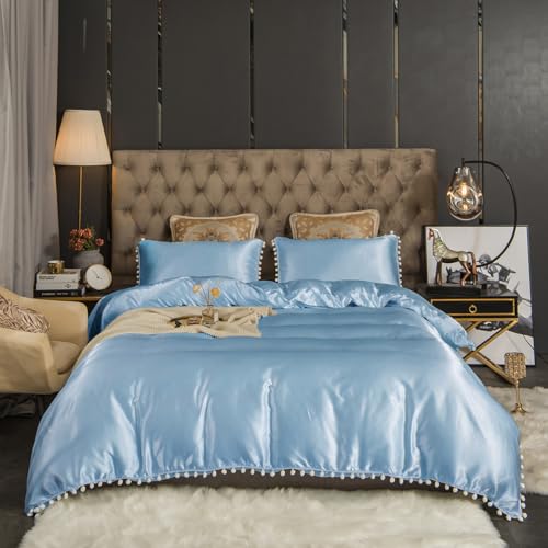 freyamy satin bettwäsche 155x220 hellblau, pom pom quaste, 1 bettbezug + kissenbezug 80x80