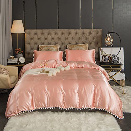 freyamy satin bettwäsche 135x200 rosa, 4-teiliges bettwäsche set mit pom pom quasten