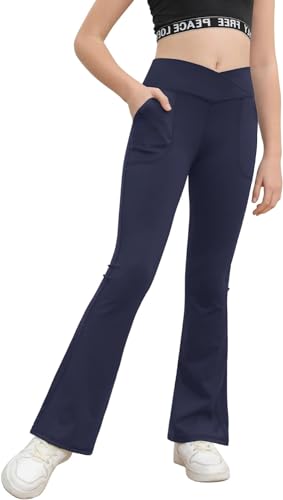haloumoning mädchen yogahose hoch tailliert bootcut leggings flared dunkelblau 120