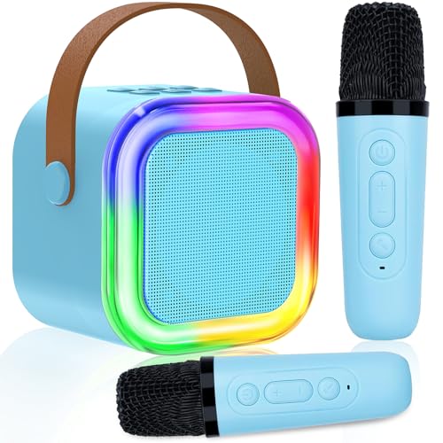 karaoke maschine kinder erwachsene, bluetooth lautsprecher mit 2 mikrofonen, led-lichter