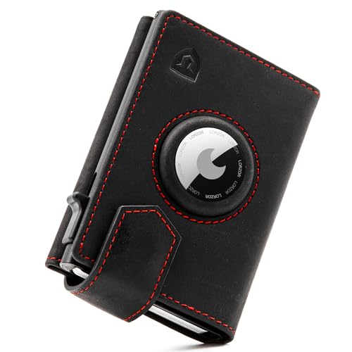 LORZOR airtag wallet, slim geldbörse herren echtes leder, RFID blocker, schwarz-rot