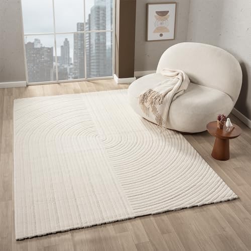 VIMODA Kurzflor Teppich 120x170 cm Boho Regenbogen Skandinavisch Creme