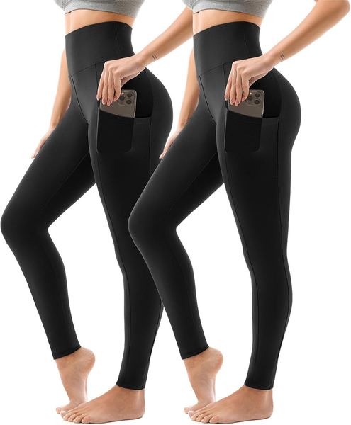 Sport Leggings Damen High Waist 2er Pack, Sporthose mit Taschen für Gym Yoga