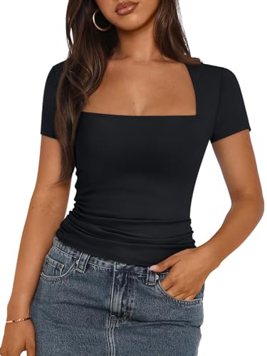 Timuspo Damen Crop Top Kurzarm Slim Fit Eckiger Ausschnitt Y2K Sommer Tee