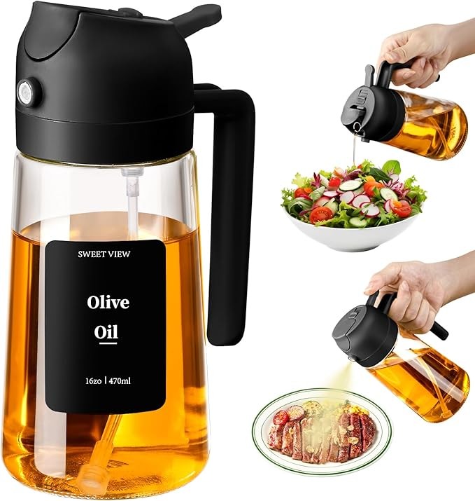 Ölsprüher 2 in 1 470ml Glasflasche für Olivenöl, Salat, Grillen - Schwarz