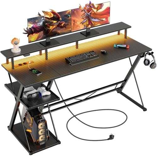 Gaming Tisch mit LED, Steckdosen, Monitorständer, 2 Haken, 120 cm