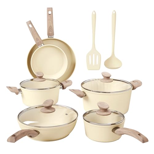 topf und pfannenset 12tlg antihaft kochgeschirr kitchen academy für induktion gas beige