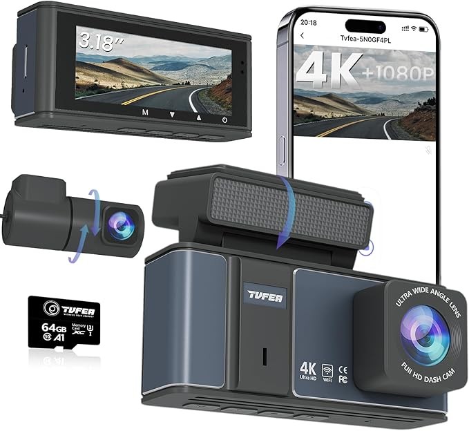 Dashcam Auto 4K+1080P, 3.18 Zoll IPS, WiFi, 64GB SD, WDR, 170 Weitwinkel
