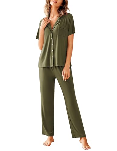 ekouaer damen schlafanzug set kurzarm knopfleiste pyjama mit taschen armeegrün M