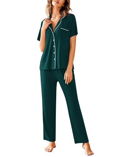 ekouaer damen schlafanzug kurzarm pyjama set sommer loungewear mit taschen, dunkelgrün, s