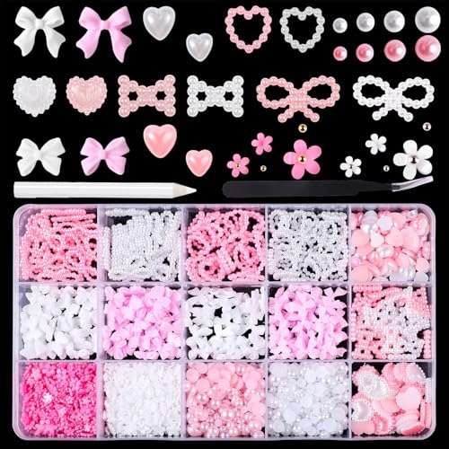 3D nagel charms irikdescia 1000 stück, multiform nagel dekoration rosa weiß