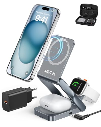 magnetische ladestation für iphone 15/14/13/12, iwatch, airpods, galaxy buds, agptek 3 in 1