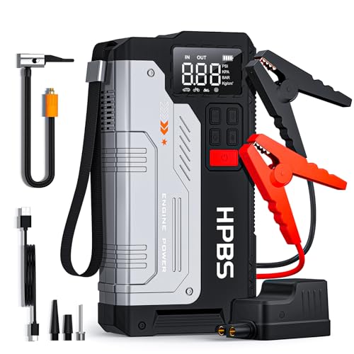 hpbs starthilfe powerbank mit kompressor, 2500a jump starter 12v für benzin und diesel