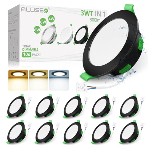 ALUSSO LED Einbaustrahler 230V Dimmbar Flach Schwarz 3CCT IP44 68mm 10er Set