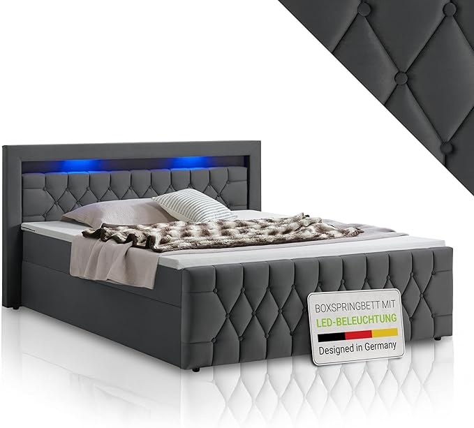 Juskys Boxspringbett Leona 180x200 cm Grau mit LED, Topper & H4 Matratzen