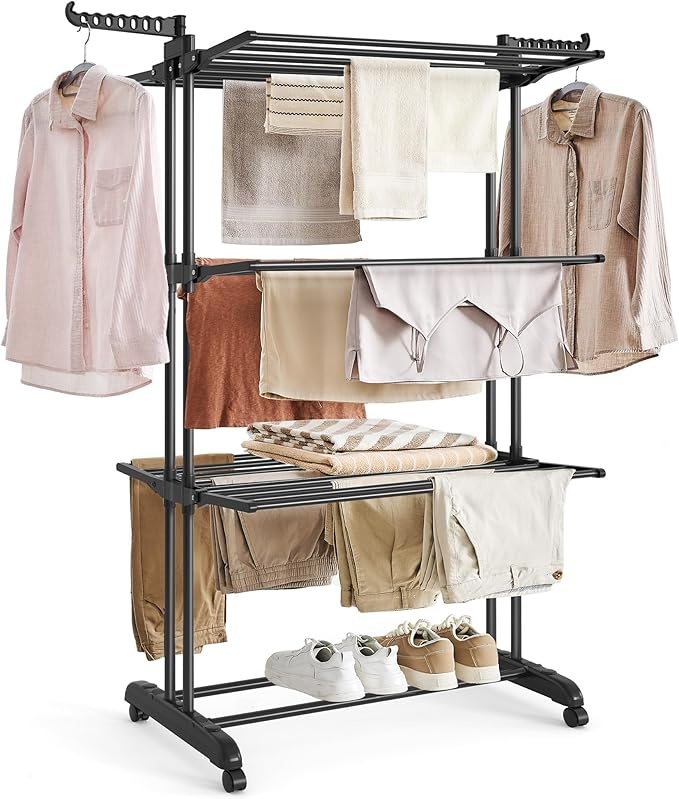 SONGMICS Wäscheständer 4 Ebenen, klappbar mit Rollen, 63,5 x 128 x 173 cm, schwarz