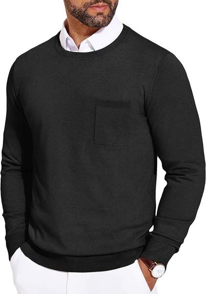 Pullover Herren Rundhals Slim Fit Langarm Feinstrick Rot mit Brusttasche S