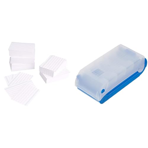 Amazon Basics A8 Karteikarten liniert Weiß 1000 Stück + TimeTex Kunststoffkarteikasten Blau