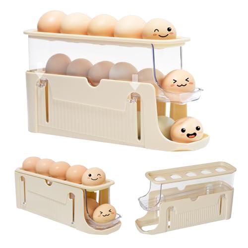 guermok eierhalter für kühlschrank, 3-stöckiger platzsparender eier-organizer, faltbar, creme