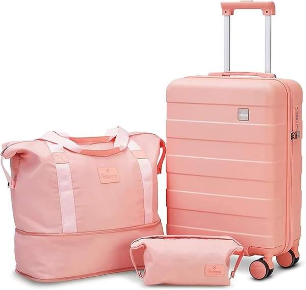 imiomo reisekoffer set 3 teilig hartschale abs trolley 4 rollen rosa kosmetikkoffer, tragbare tasche