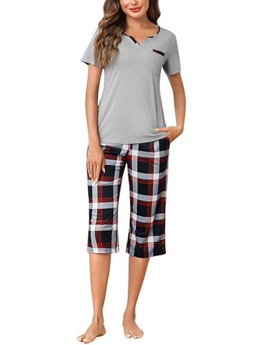 Bresdk schlafanzug damen kurz pyjama set baumwolle sommer kurzarm top 3/4 hose
