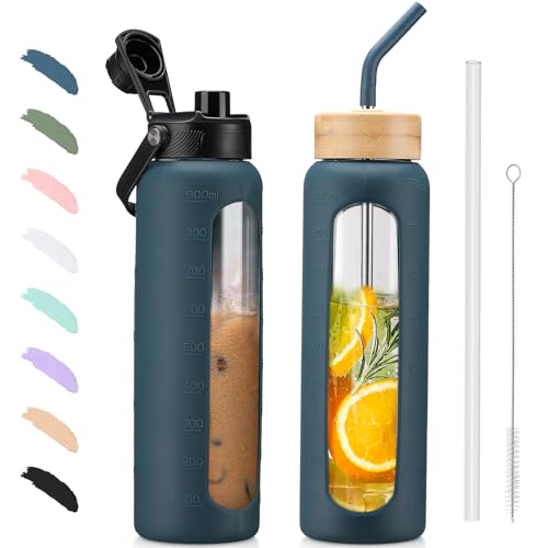 Produktbild: bluego glaswasserflasche 900ml mit strohhalm und 2 deckeln dunkelblau BPA-frei