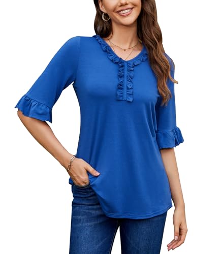 mavis laven damen t-shirts 3/4-ärmel v-ausschnitt lockere sommer rüschen blusen