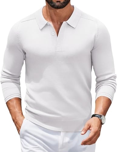 Produktbild: COOFANDY Herren Polo Pullover Langarm Strick Poloshirt Winter 3XL Weiß