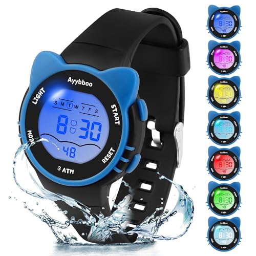 Ayybboo kinderuhr 7 farblichter mit katzenmotiv digitaluhr wasserdicht 4-12 jahre dunkelblau
