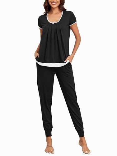 Damen Schlafanzug Kurzarm 2-Teilig Aesthetic Pyjama Set Schwarz M