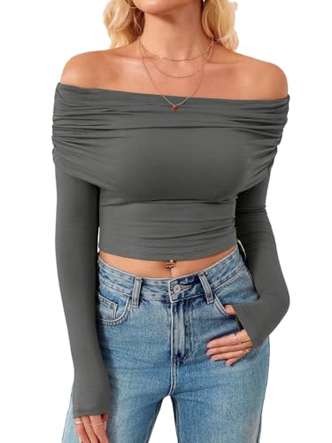 imily bela langarmshirt damen sexy schulterfrei dunkelgrau slim tunika tops