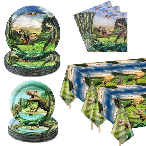 Produktbild: dinosaur party supplies 122 pcs für 40 personen mit teller, servietten, tischdecke, gabeln