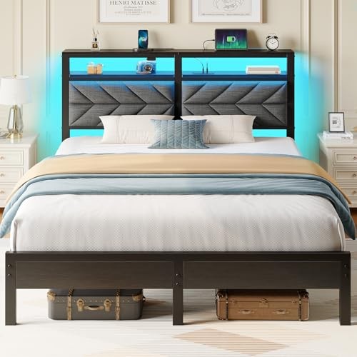 Bett 140x200 mit LED, USB- und Typ-C-Ladestation, gepolstert, Stauraum, Metall