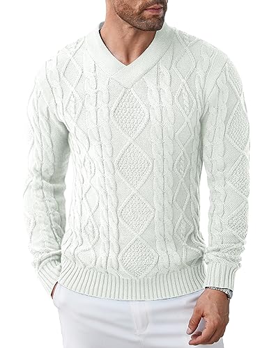 coofandy herren strickpullover v-ausschnitt slim fit winterpullover weiß L