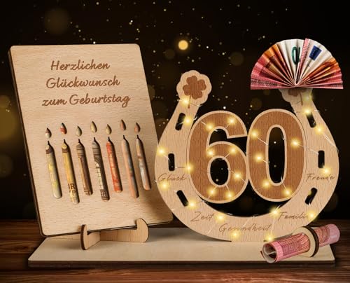 Produktbild: 60. geburtstag geschenk frauen männer, tuzeliyA holz-schild mit led lichterkette, deko-gästebuch