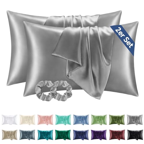 bedelite kissenbezug 40x60 grau, 2er set, weich wie seide, inklusive haargummis
