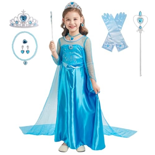 AQRTPXU Elsa Kostüm Mädchen 7-teiliges Set, Kleid mit Krone, Diadem, Zauberstab, Handschuhe, Halloween, Geburtstag, Party, blau