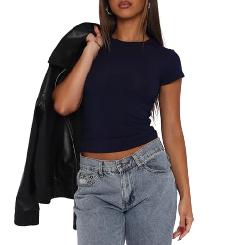 Produktbild: oyigelz damen kurzarm crop top t-shirt slim fit klassischer schnitt sommer blau M