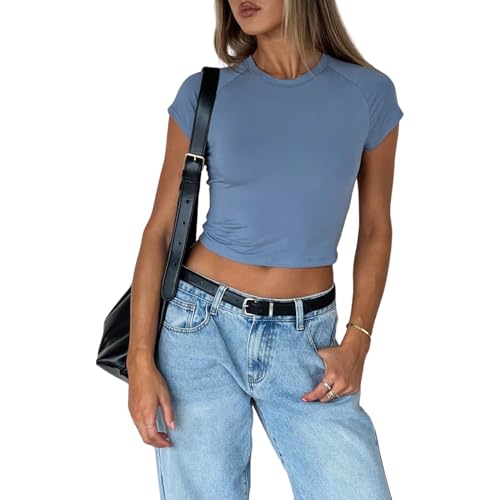 oyigelz damen t-shirt kurzarm crop top slim fit klassischer schnitt nebelfarben L
