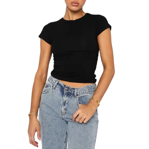 oyigelz damen crop top kurzarm slim fit t-shirt klassischer schnitt schwarz M