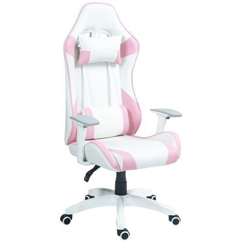 gaming stuhl ergonomisch mit lendenkissen und kopfkissen rosa, höhenverstellbar